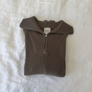 Varley Taupe Ribbed Half-Zip Turtleneck Sweater